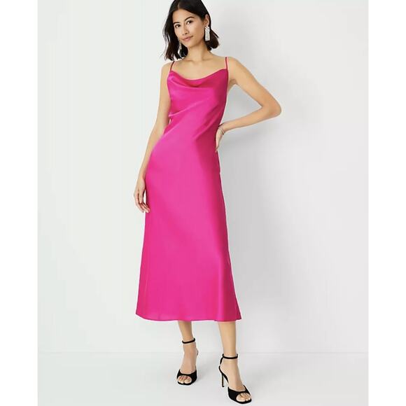 Ann Taylor Satin Scoop Neck Midi Slip Dress in Rich Pink Berry Size 4 - Picture 1 of 7